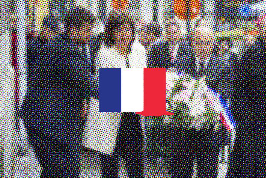 Belgian Vice-Prime Minister and Interior Minister Joelle Milquet, French Interior Minister Bernard Cazeneuve, and Brussels Jewish Museum president, Philippe Blondin, take part in a ceremony in honor of the victims of a shooting at the Jewish museum in Brussels, on June 4, 2014.(Photoillustration byErik Mace for Tablet Magazine. Original photo: KRISTOF VAN ACCOM/AFP/Getty Images.)