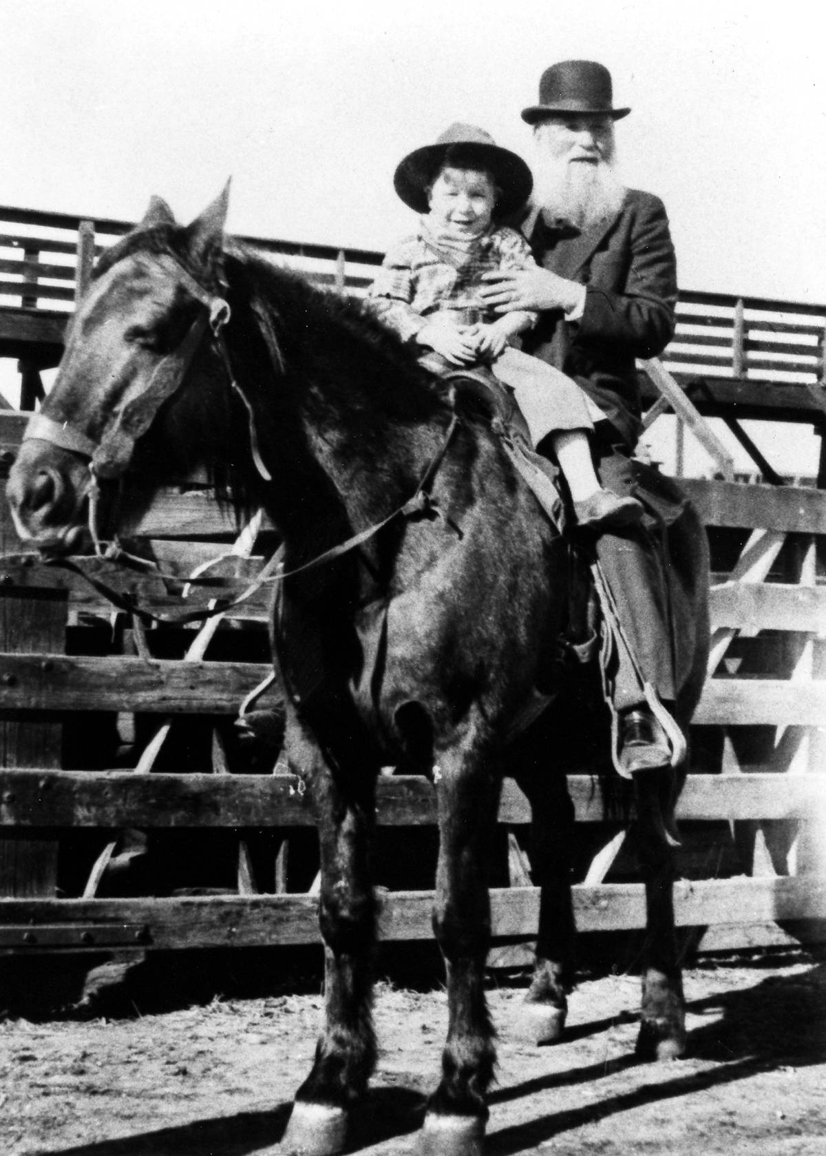 A still from ‘Jews of the Wild West,’ shows Jewish cattle rancher Robert Lazar Miller with his grandson at the Denver Stockyards, 1932