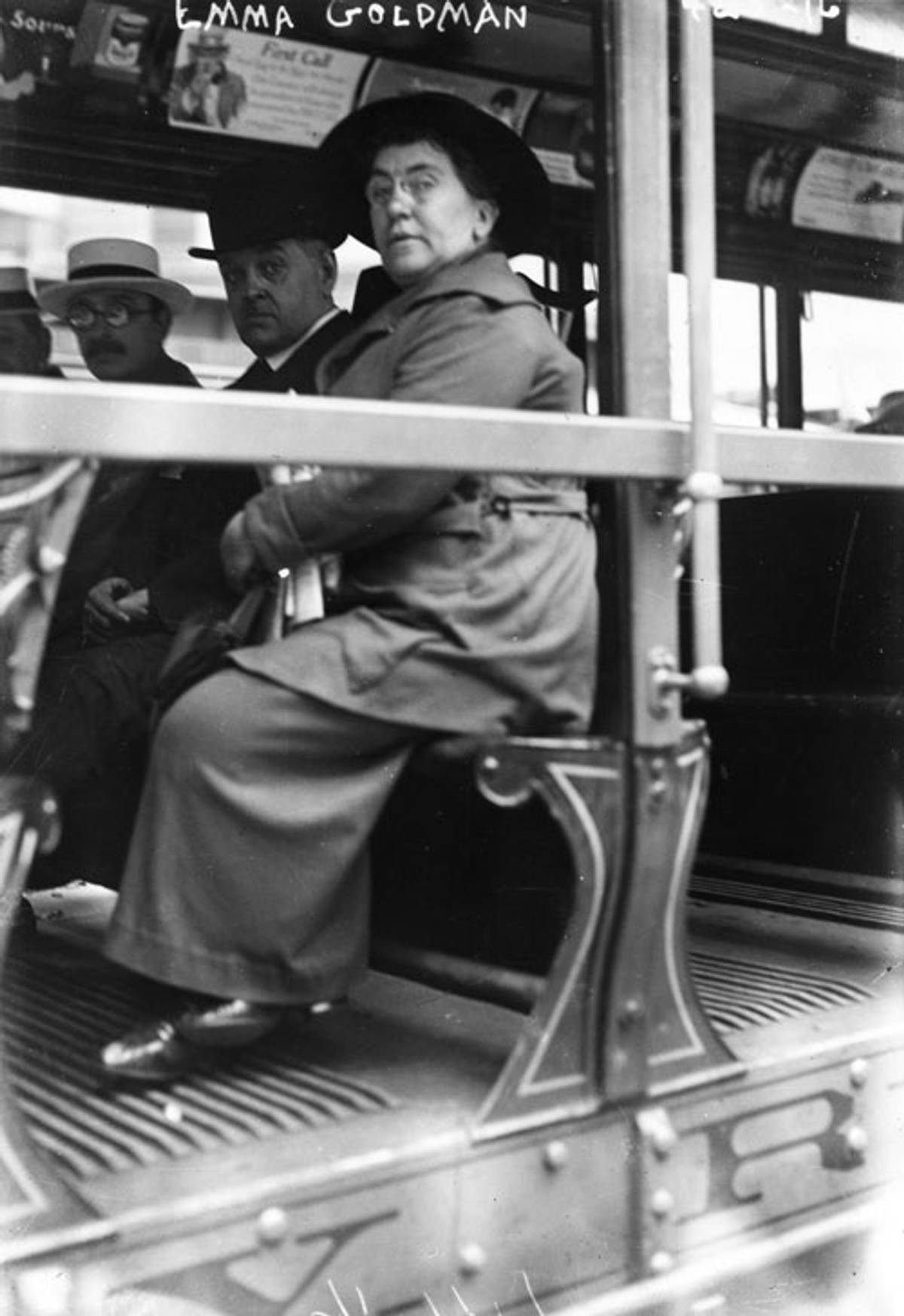 Emma Goldman on a streetcar, with Alexander Berkman, far left, in white hat, 1917. (Photo: Library of Congress)