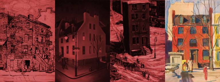 Original images, from left: Jerome Myers, ‘Old House on 29th St. East of 3rd Ave. N.Y.,’ undated; Adelaide Morris, ‘3:00 a.m.,’ undated; John R. Grabach, ‘The Lone House (The Empty House),’ circa 1929; Richard Sargent, ‘Red House,’ undated