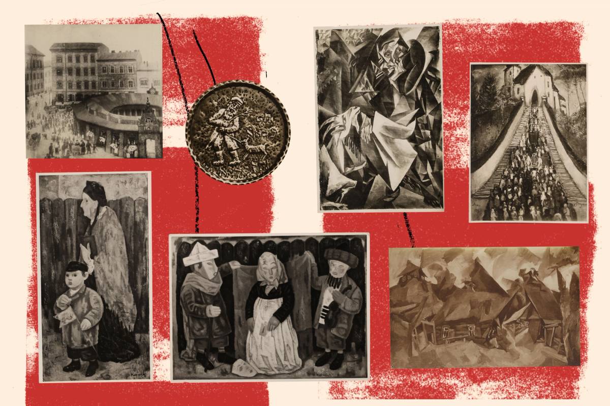Examples of artworks with Jewish themes from Schneid's manuscript. Clockwise from top left: Uriel Birnbaum, Natan Spigel, Issachar Ryback, Emil Schinagel, another work by Issachar Ryback, Arthur Kolnik, and another work by Arthur Kolnik