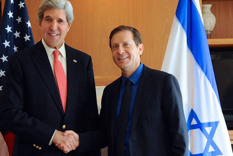 U.S. Secretary of State John Kerry poses for photographers with Israeli Labor Party Leader Isaac Herzog before the two held a meeting in Jerusalem on Jan. 6, 2014.(U.S. State Department)