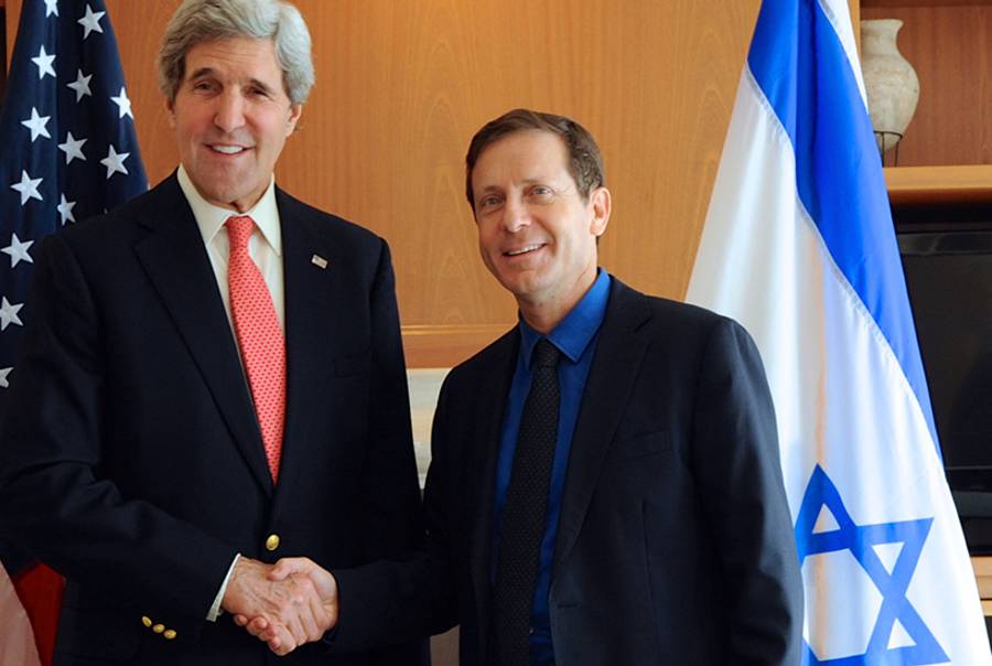 U.S. Secretary of State John Kerry poses for photographers with Israeli Labor Party Leader Isaac Herzog before the two held a meeting in Jerusalem on Jan. 6, 2014.(U.S. State Department)