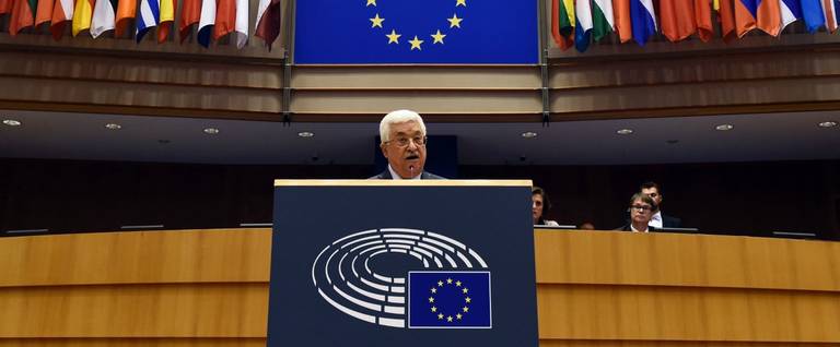 Mahmoud Abbas, President of the Palestinian National Authority, delivers a speech at the European Union Parliament in Brussels, Belgium, June 23, 2016. 