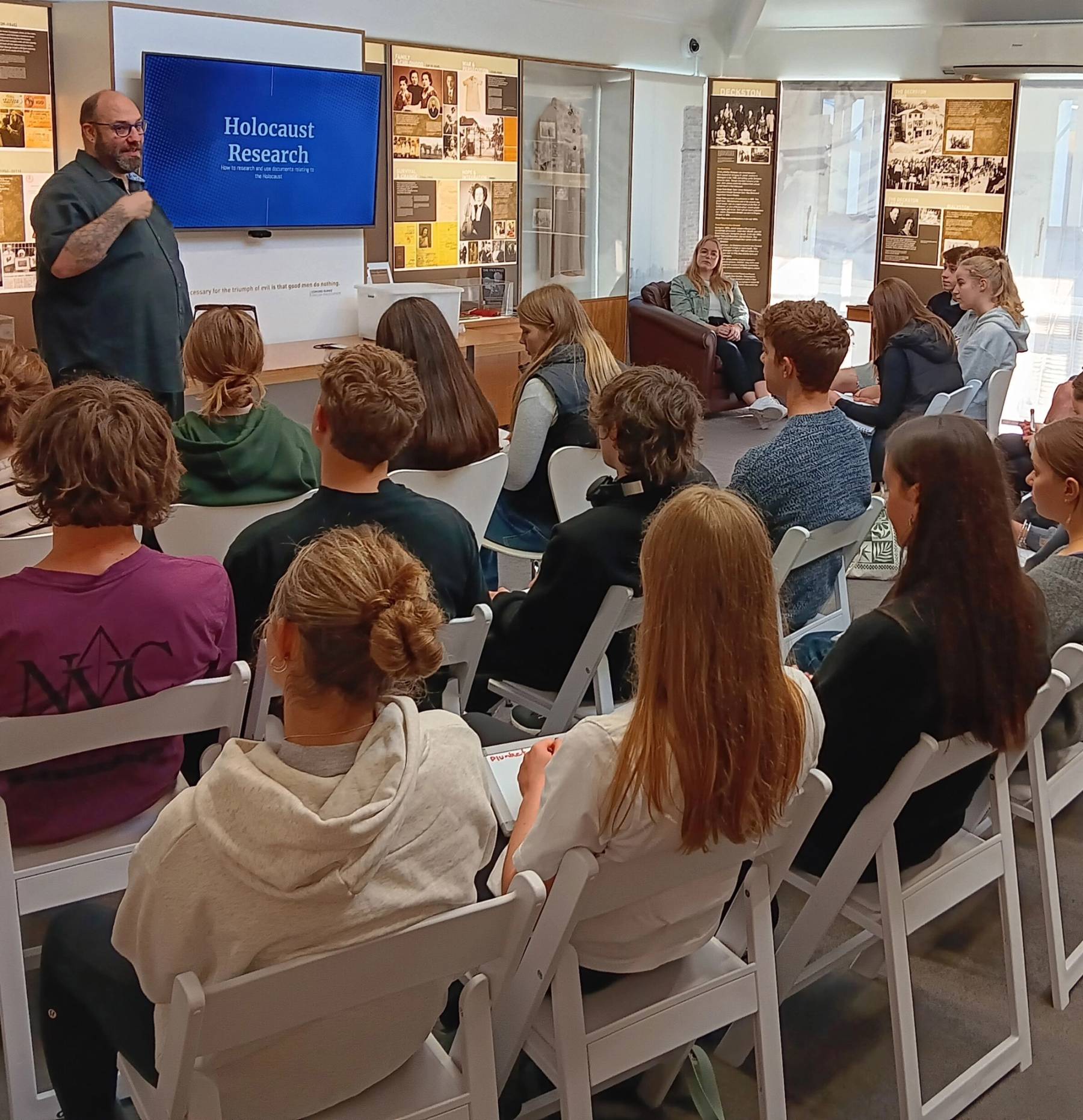 Education Director Kris Lacy teaches a school group at the Holocaust Centre of New Zealand