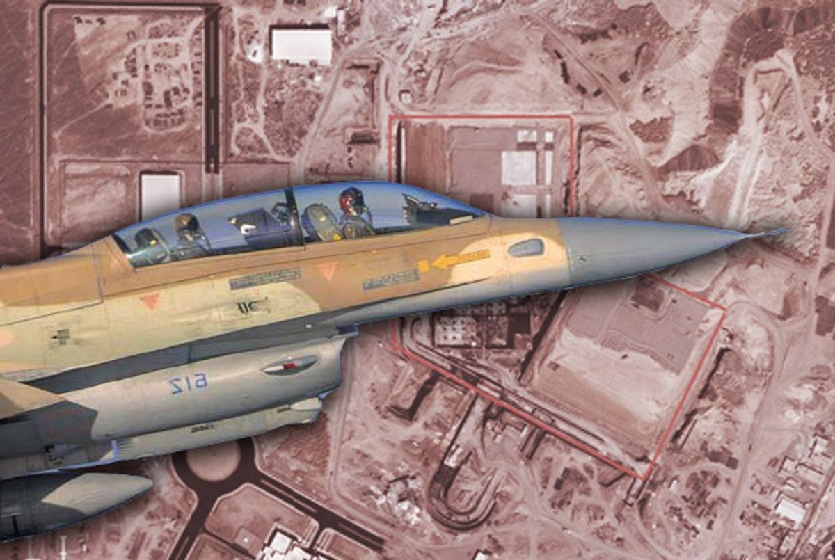 An Israeli fighter; the Natanz nuclear site.(Collage Tablet Magazine; Natanz satellite photo: Space Imaging Middle East; IAF F-16 photo: Israeli Air Force)