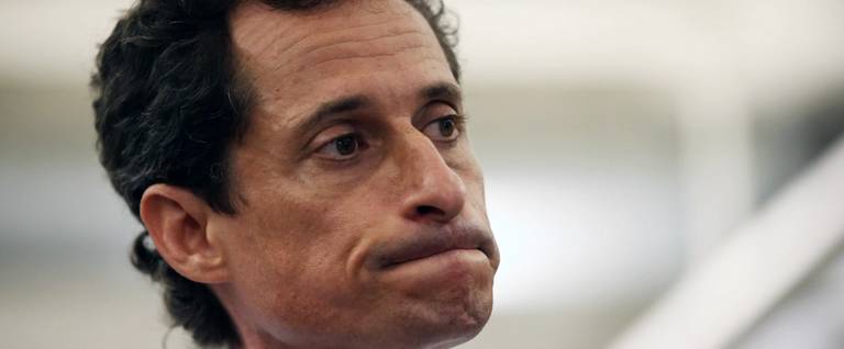 Anthony Weiner, then a leading candidate for New York City mayor, reacts during a press conference  in New York City, July 23, 2013. 