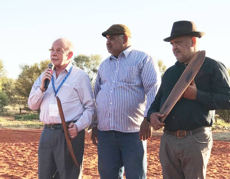 Mark Liebler joins Traditional Owner and Uluru leader Sammy Wilson and Noel Pearson at the closing ceremony of the First Nations National Constitutional Convention, at Uluru, in Australia’s Northern Territory