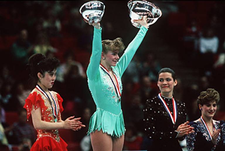 Kristi Yamaguchi, Tonya Harding, and Nancy Kerrigan at the 1991 U.S. Figure Skating Championships, which Harding won.(Tim Defrisco/ALLSPORT/Getty Images)