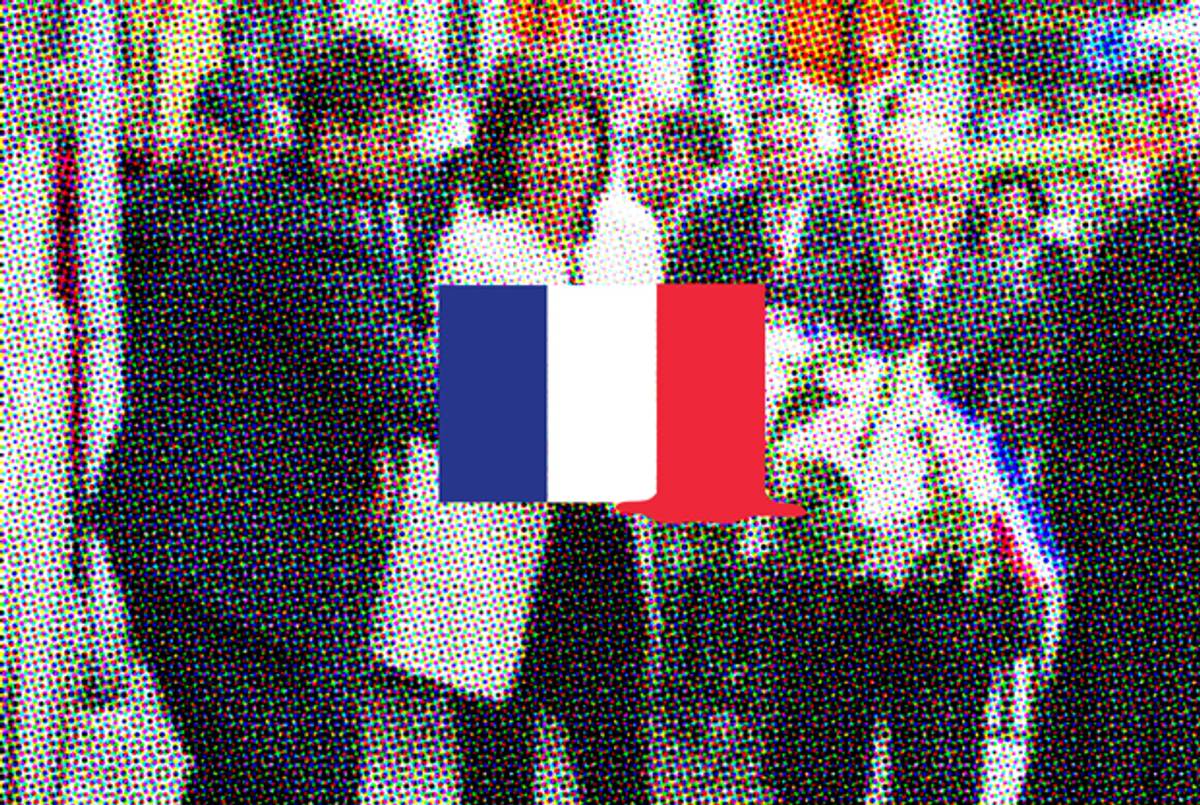 Belgian Vice-Prime Minister and Interior Minister Joelle Milquet, French Interior Minister Bernard Cazeneuve, and Brussels Jewish Museum president, Philippe Blondin, take part in a ceremony in honor of the victims of a shooting at the Jewish museum in Brussels, on June 4, 2014. (Photoillustration byErik Mace for Tablet Magazine. Original photo: KRISTOF VAN ACCOM/AFP/Getty Images.)