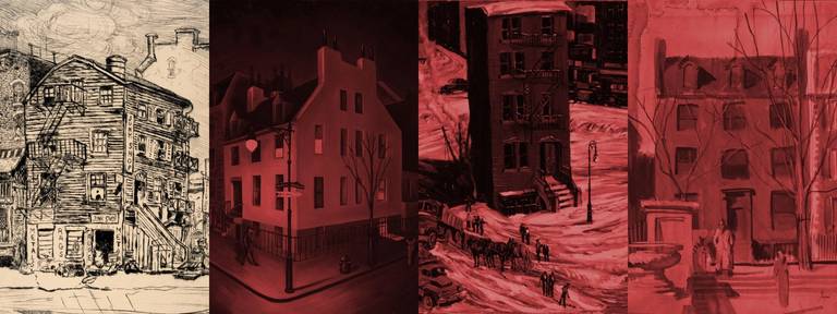 Original artworks L-R: Jerome Myers, 'Old House on 29th St. East of 3rd Ave. N.Y.,' undated; Adelaide Morris, '3:00 a.m.,' undated; John R. Grabach, 'The Lone House (The Empty House),' ca. 1929; Richard Sargent, 'Red House,' undated