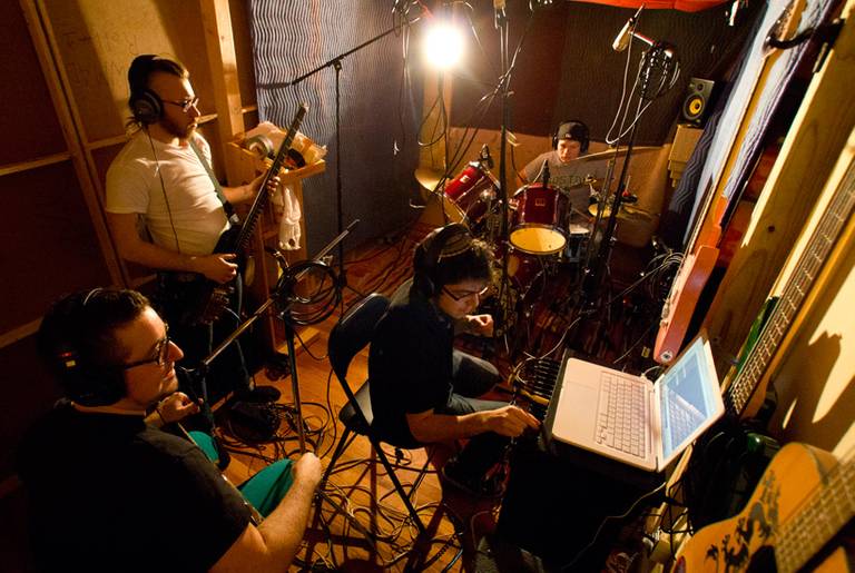 Schmekel (left to right: Lucian Kahn, Nogga Schwartz, Ricky Riot, and Simcha Halpert-Hanson) records in Brooklyn on March 10, 2013.(Tracy Levy)