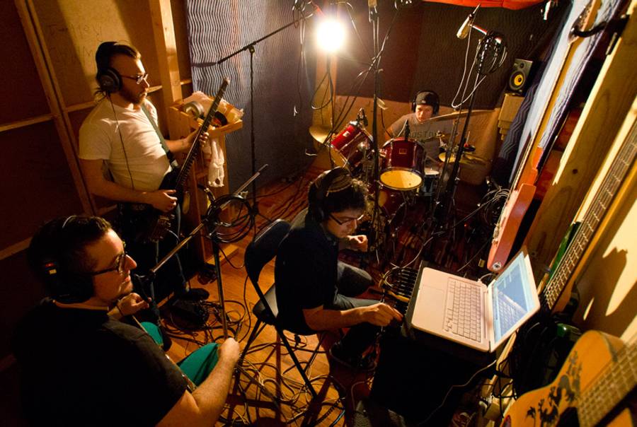 Schmekel (left to right: Lucian Kahn, Nogga Schwartz, Ricky Riot, and Simcha Halpert-Hanson) records in Brooklyn on March 10, 2013.(Tracy Levy)