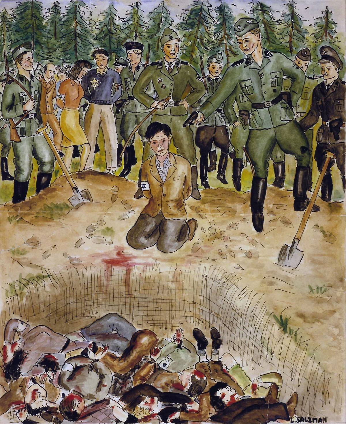 'Execution Pit' painted by George Salton (then Lucjan Salzman) in 1946 at a displaced persons camp