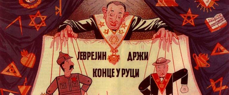 A Serbian poster for an exhibition in 1941-1942 during the Fascist regime of Milan Nedic, showing the Jews and Masons controlling the Soviet Union and the United Kingdom, with marionettes of Stalin and Churchill.