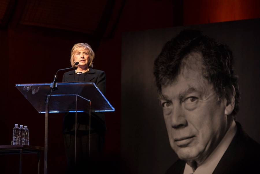 Former Secretary of State Hillary Clinton remembering Edgar Bronfman at a memorial in New York City on January 28, 2014. (Courtesy of the Samuel Bronfman Foundation)