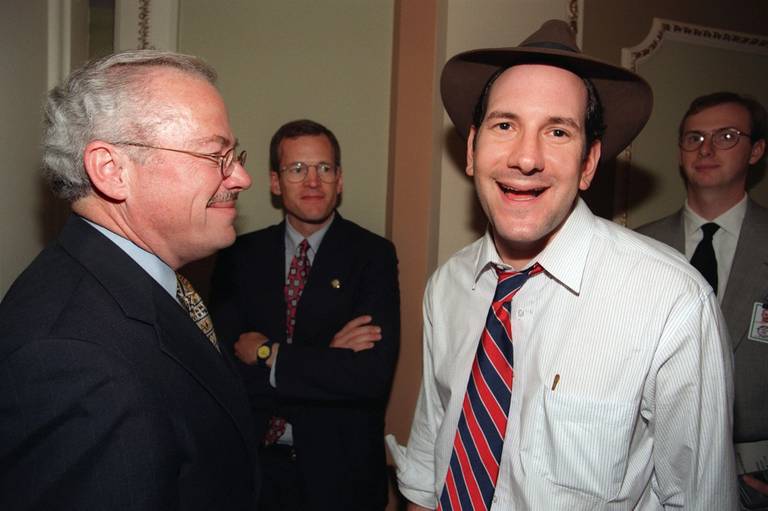Matt Drudge, right, on Capitol Hill, October 1998, after the House of Representatives voted to proceed with the impeachment of President Bill Clinton