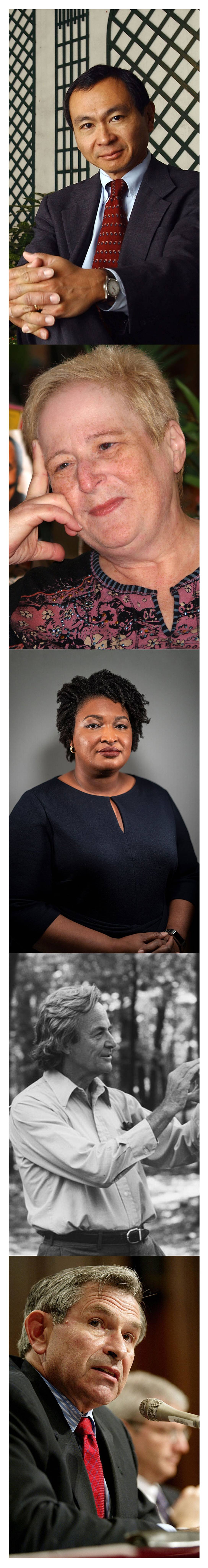 Notable Telluride alumni, from top: Francis Fukuyama, Eve Kosofsky Sedgwick, Stacey Abrams, Richard Feynman, and Paul Wolfowitz