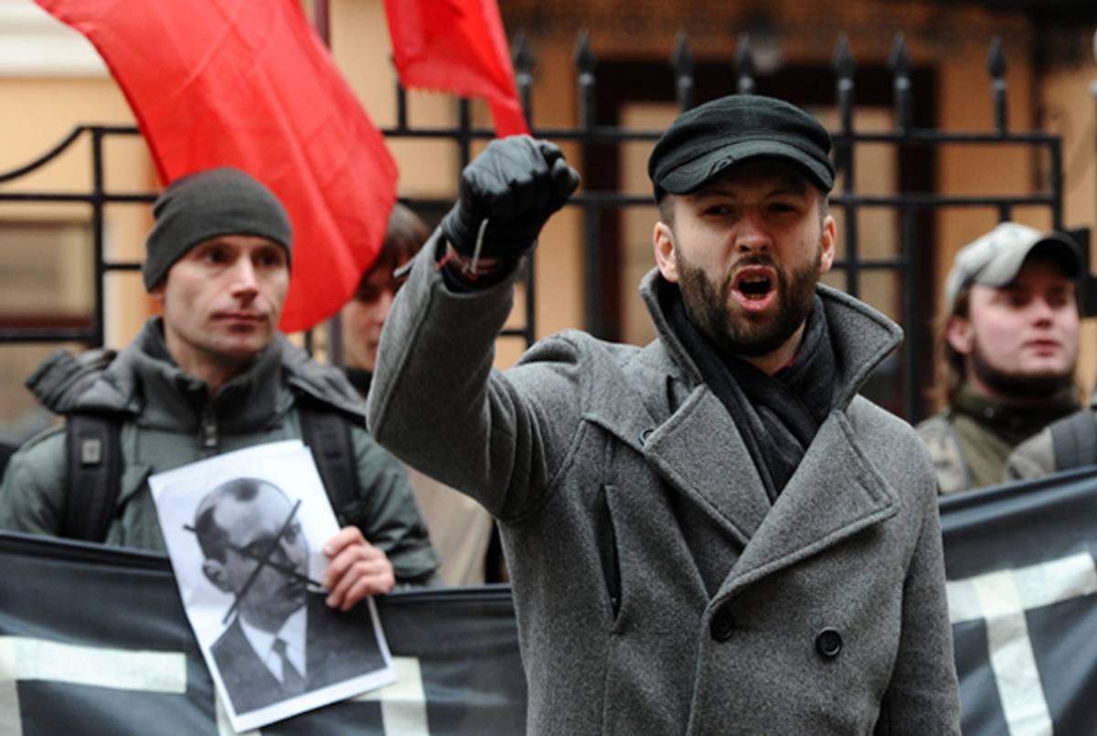 Activists of 'Other Russia' opposition party rally in support of ethnic Russians in the Crimea and Eastern Ukraine in St. Petersburg, on March 3, 2014. (OLGA MALTSEVA/AFP/Getty Images)