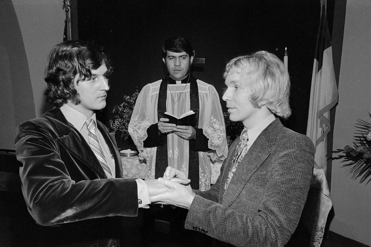 Perry officiates a religious wedding ceremony between Michel Girouard and Rejean Tremblay at the Metropolitan Community Church, Los Angeles, 1972