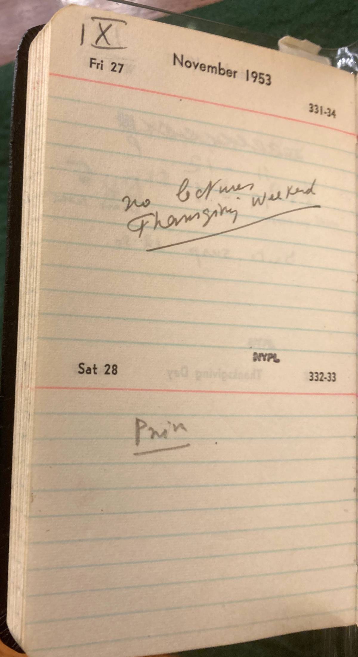 Page from Vladimir Nabokov’s weekly planner, where Pnin is noted on Nov. 28, 1953