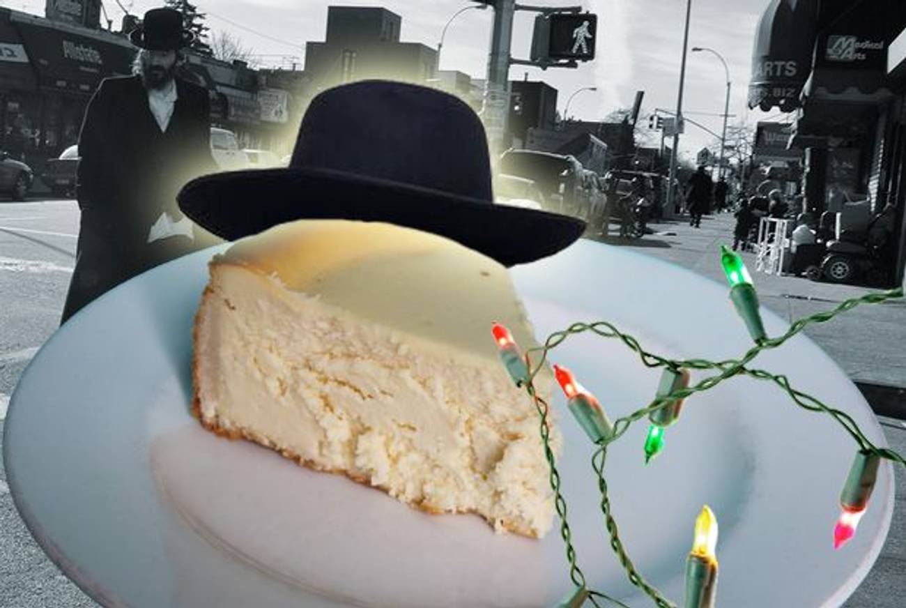 Collage: Tablet Magazine; cheesecake: Len Small/Tablet Magazine; hat: Shutterstock.com; Borough Park: Whit Andrews/Flickr