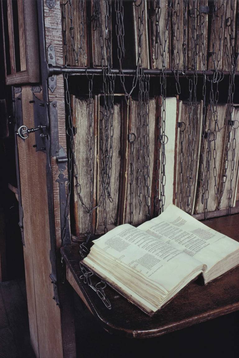 The chained library in Hereford Cathedral, Herefordshire, England