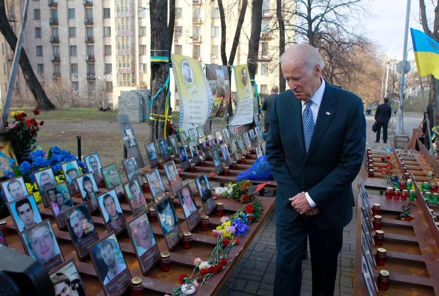 Joe Biden at a monument dedicated to the 'Heavenly Hundred' killed in anti-government protests in Kyiv during the previous two years, Dec. 7, 2015