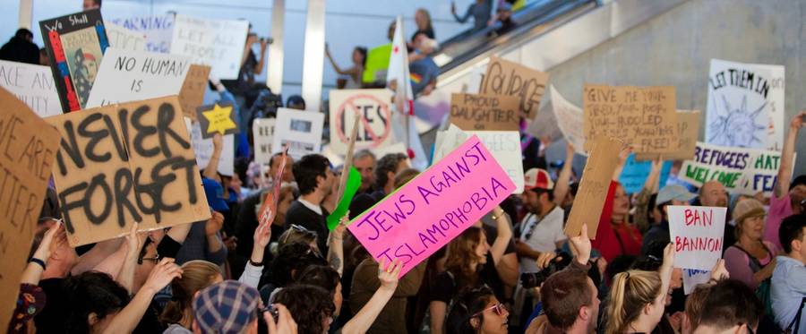 Protesters gather at the Los Angeles International airport's Tom Bradley terminal to demonstrate against President Trump's executive order effectively banning citizens from seven Muslim-majority countries, January 2017. 