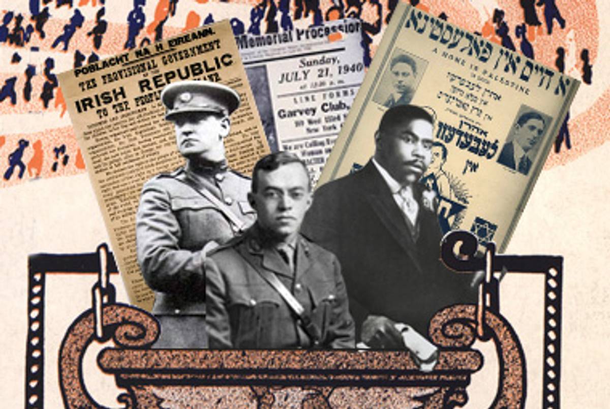 Michael Collins, Vladimir Jabotinsky, and Marcus Garvey.(Collage” Abigail Miller/Tablet Magazine; The Melting Pot program: Wikimedia Commons; Collins photo: Wikimedia Commons; Jabotinsky photo: Wikimedia Commons; Garvey photo: New York Public Library; Easter Proclamation of 1916: National Library of Ireland; Garvey Memorial flyer: New York Public Library; A Home in Palestine cover: Center for Jewish History)