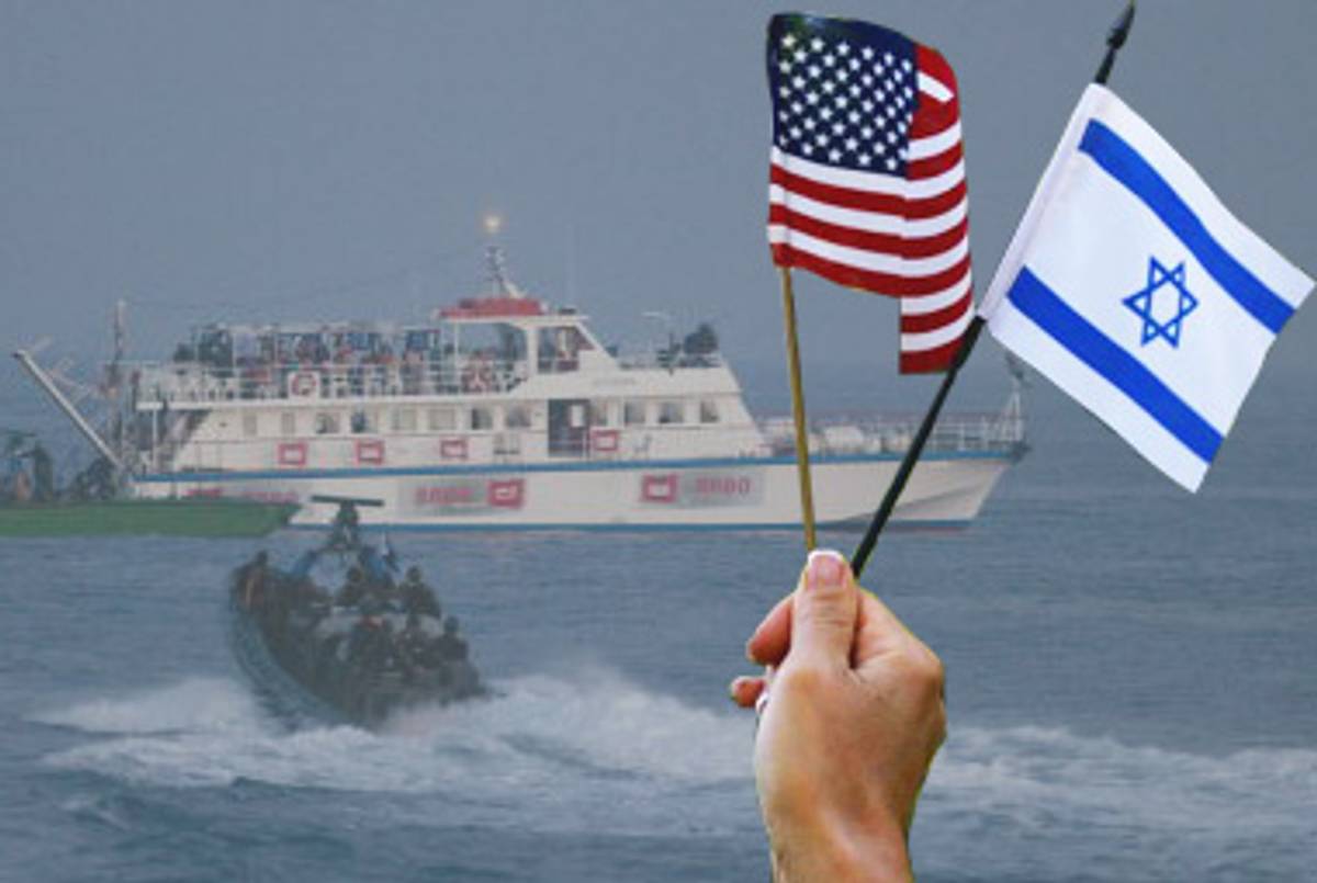 (Photoillistration by Tablet Magazine; boats by Uriel Sinai/AFP/Getty Images; flags by Chris McGrath/Getty Images.)