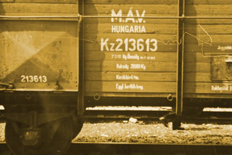 View of the "MAV Hungaria" (Magyar Allam Vasutak, Hungarian State Railway) identification printed on the side of one of the freight cars of the Hungarian Gold Train in Werfen, Austria, 1945.(Photo treatment Tablet Magazine; original photo United States Holocaust Memorial Museum, courtesy of National Archives and Records Administration, College Park.)