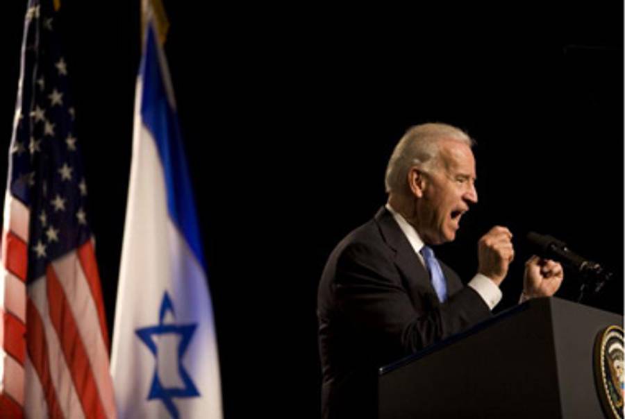 Biden giving his speech at Tel Aviv University today.(Uriel Sinai/Getty Images)