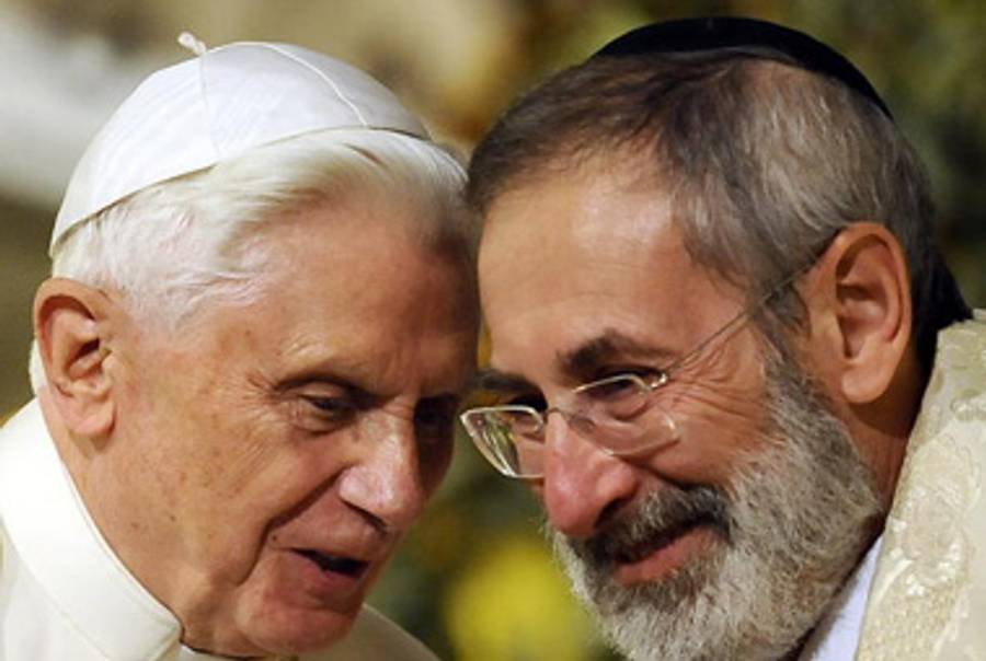 Pope Benedict XVI with Rome’s chief rabbi, last Sunday.(FILIPPO MONTEFORTE/AFP/Getty Images)