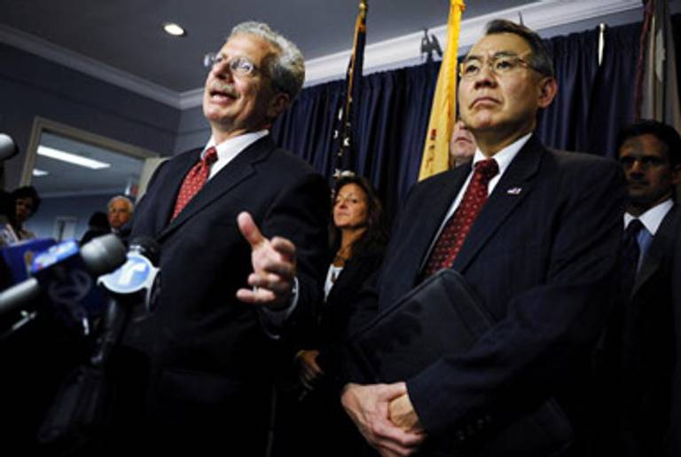 Acting U.S. Attorney Ralph J. Marra, Jr., and Weysan Dun, FBI special agent in charge in Newark, at today’s news conference.(Jeff Zelevansky/Getty Images)