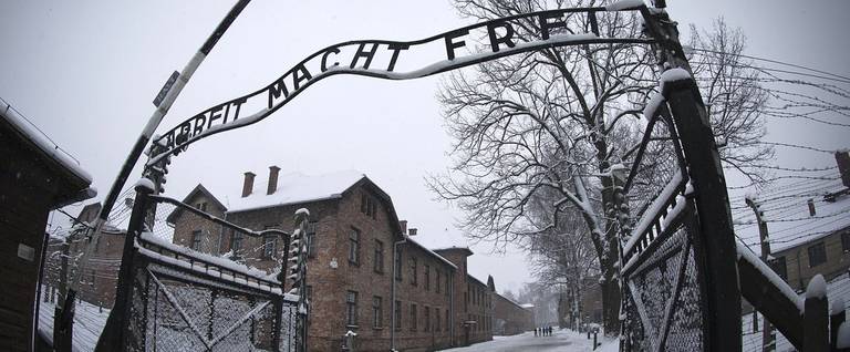 The entrance to the former Nazi concentration camp Auschwitz-Birkenau in Oswiecim, Poland, on January 25, 2015.