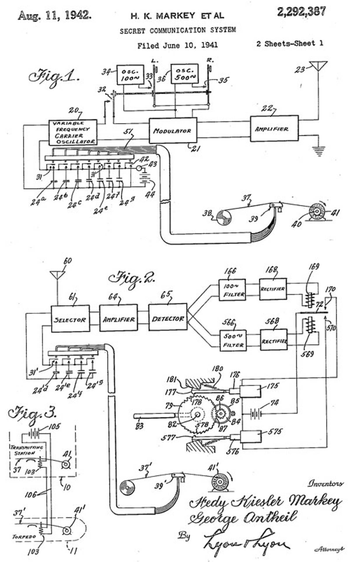 Detail of a patent for a “secret communication system” by Hedy (Kiesler Markey) Lamarr and George Antheil, 1941. (Google patents)