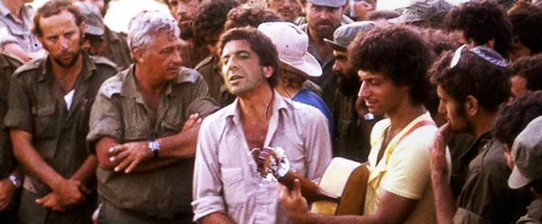 Leonard Cohen with Mati Caspi and Ariel Sharon during the Yom Kippur War, October 1973