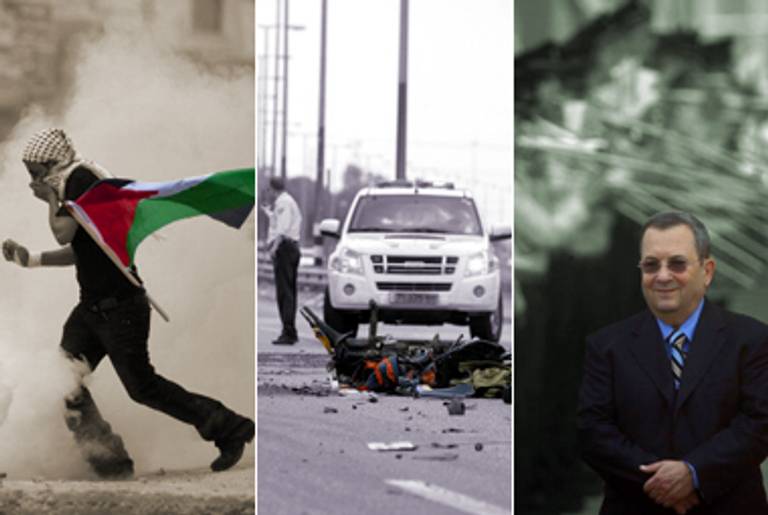 A checkpoint near Ramallah, May 15; aftermath of a trucker's rampage, May 15; Ehud Barak.(Left and right: Uriel Sinai/Getty Images; Center: Yossi Zeliger/AFP/Getty Images)