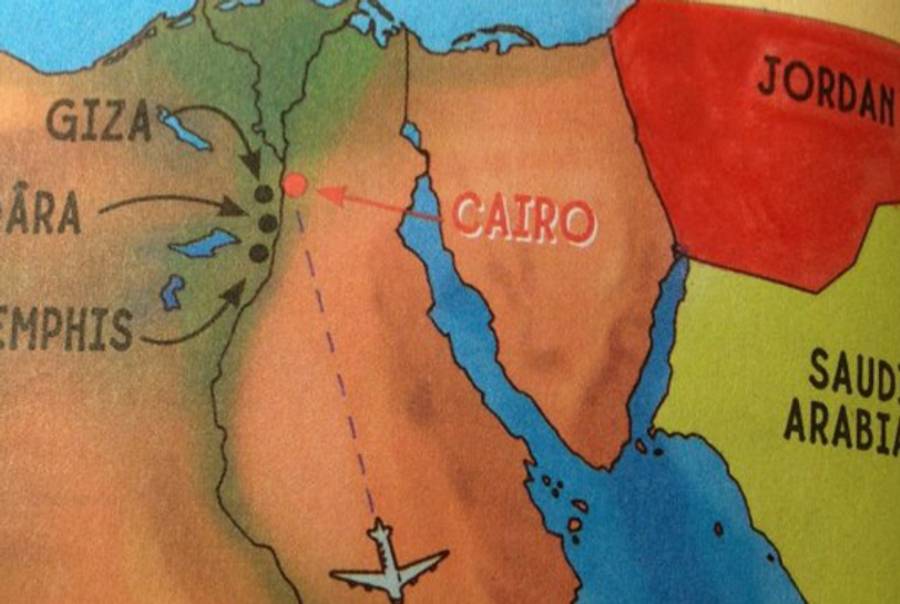 A detail from a map of the Middle East that appears in the book 'Thea Stilton and the Blue Scarab Hunt,' published by Scholastic.(Times of Israel)