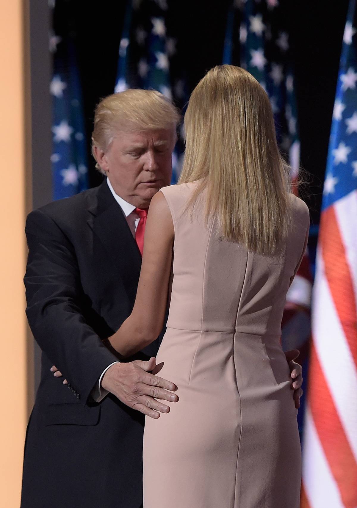 Donald Trump greets his daughter Ivanka on the last day of the Republican National Convention in Cleveland, Ohio, July 21, 2016 (Brendan Smialowsi/AFP/Getty Images))