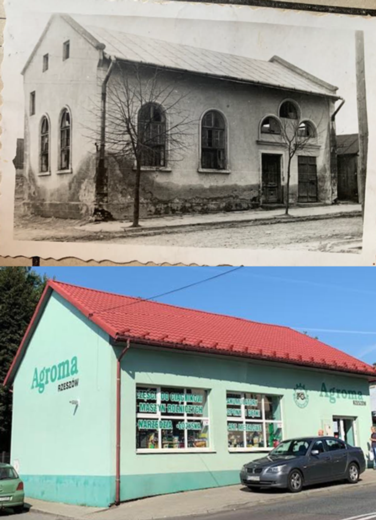 Intersection of Sawicki and Wegierska streets, in 1941 (top) and in 2019 (bottom). Then, it was a synagogue, now it’s a store. (Courtesy Collection of the Switalski Family)