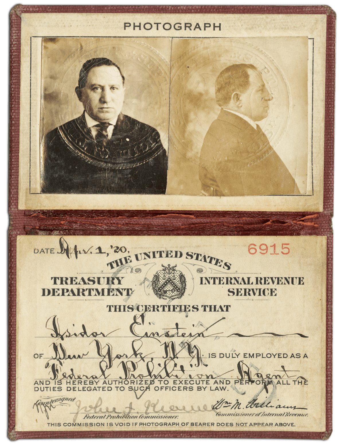 Izzy Einstein's Prohibition agent identification card