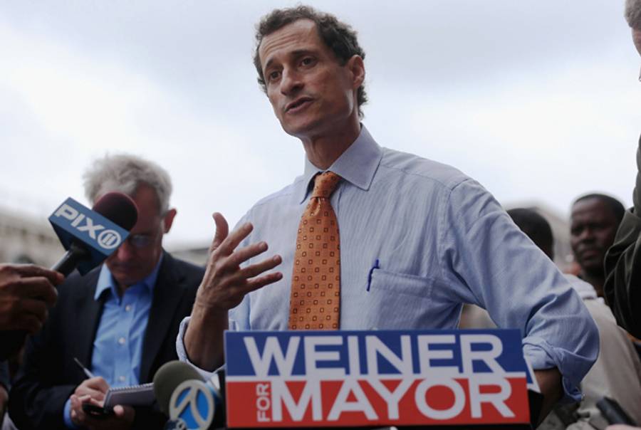 NEW YORK, NY - MAY 23: Anthony Weiner speaks to the media after courting voters outside a Harlem subway station a day after announcing he will enter the New York mayoral race on May 23, 2013 in New York City. (Mario Tama/Getty Images)