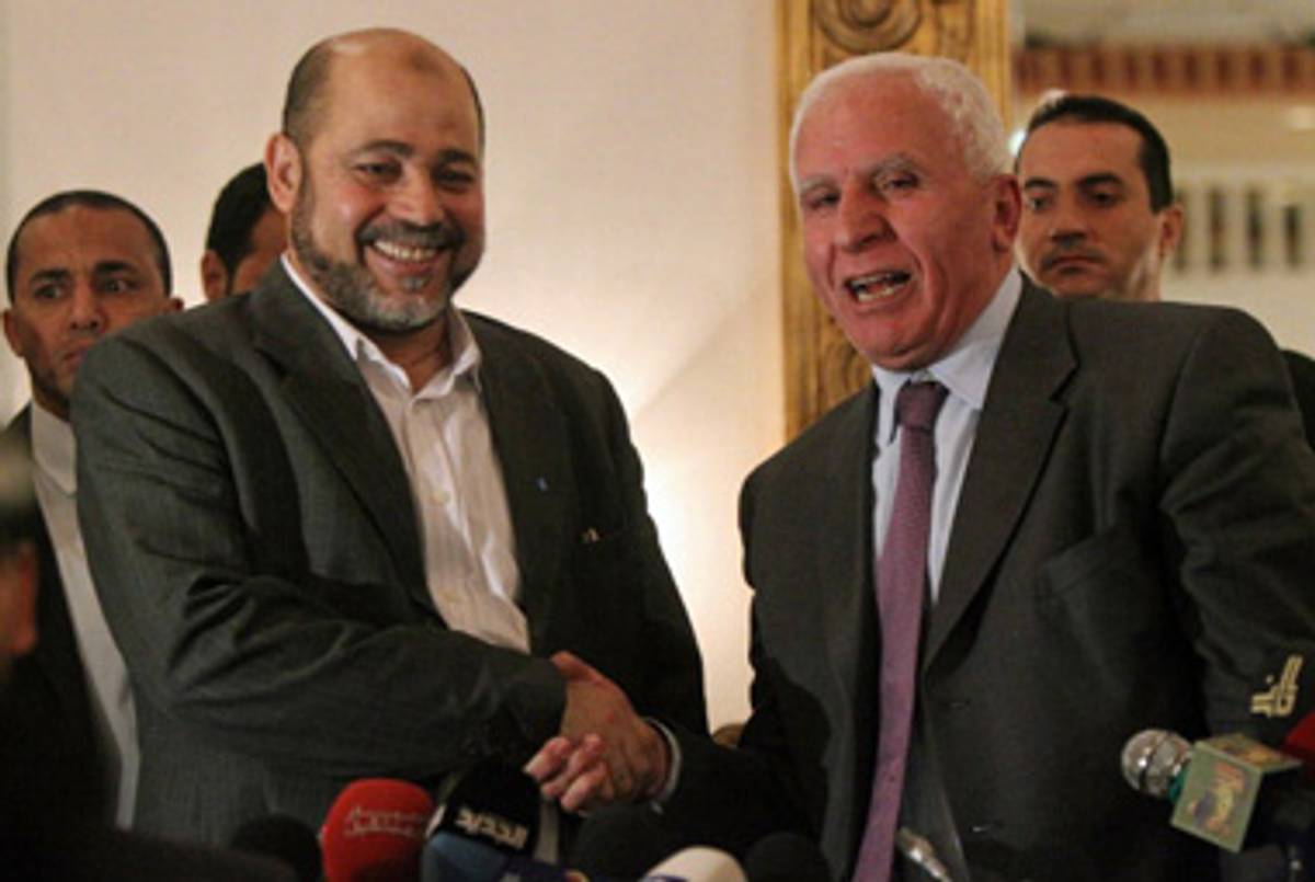 A joint Fatah-Hamas press conference today in Cairo.(Khaled Desouki/AFP/Getty Images)