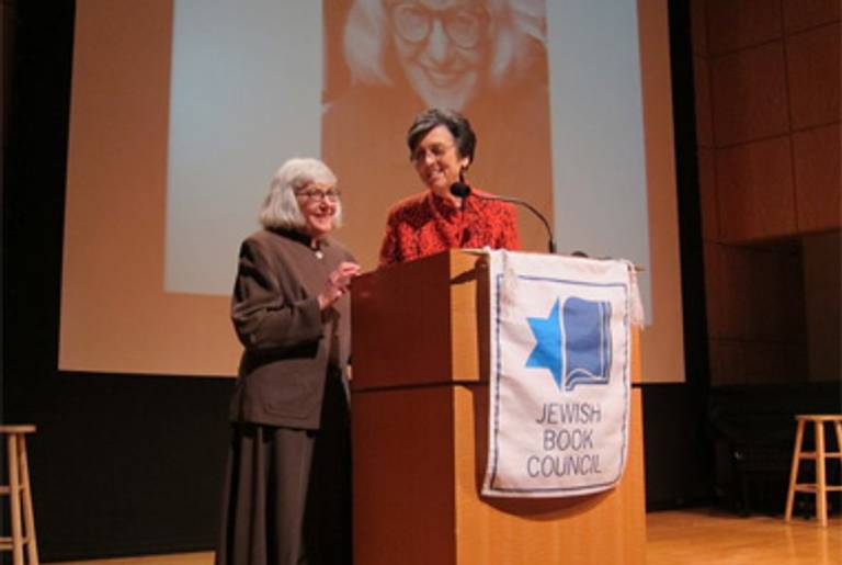 Cynthia Ozick (L) accepting her Lifetime Achievement Award.(Jewish Book Council/Facebook)