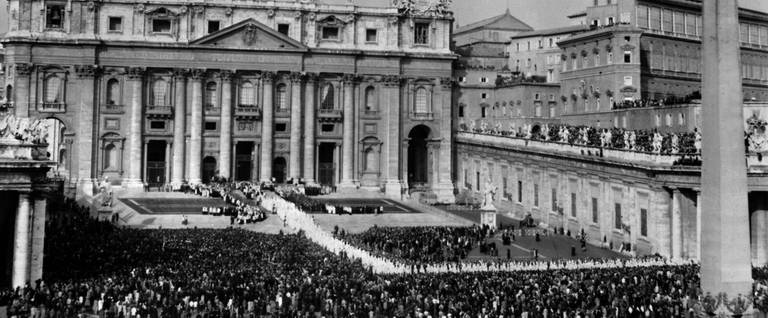 View of the procession of the Council Fathers October 11, 1962, in front of Saint Peter's Basilica at the Vatican, at the opening of the first session of the Second Ecumenical Council of the Vatican, or Vatican II. More than 2,500 Fathers were present at the opening Mass, the greatest gathering at any Council in the history of the Church. 