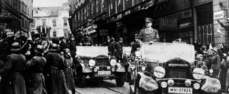 German nazi Chancellor Adolf Hitler and his army parade in Prague on day of the invasion of Czechoslovakia by the Wehrmacht, March 15, 1939.  