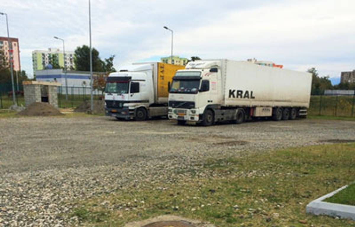 Iranian trucks parked by the entrance of Poti Free Zone, Oct. 23, 2014. (Photo: Emanuele Ottolenghi)