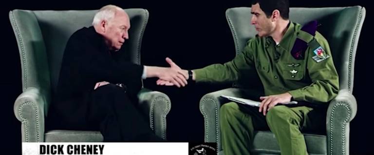 Screenshot from a video of Sacha Baron Cohen interviewing former Vice President Dick Cheney as his character Erran Morad on the new Showtime show 'Who Is America?'